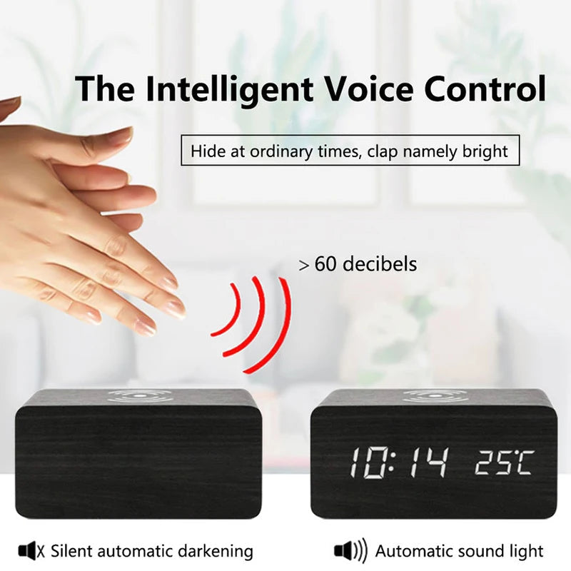 Wooden Digital Alarm Clock with Wireless Charging & Temperature Display | Multifunctional Design for Home & Office 3