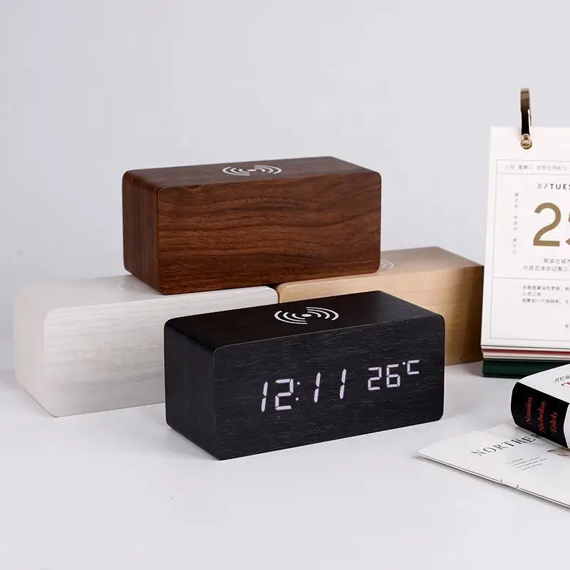 Wooden Digital Alarm Clock with Wireless Charging & Temperature Display | Multifunctional Design for Home & Office 4