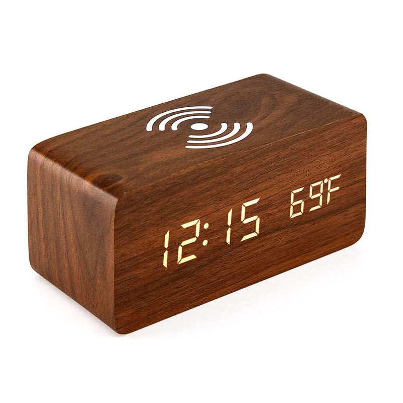 Wooden Digital Alarm Clock with Wireless Charging & Temperature Display | Multifunctional Design for Home & Office 5
