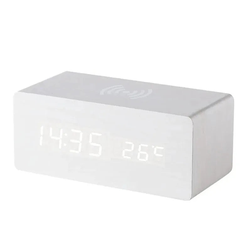 Wooden Digital Alarm Clock with Wireless Charging & Temperature Display | Multifunctional Design for Home & Office 6