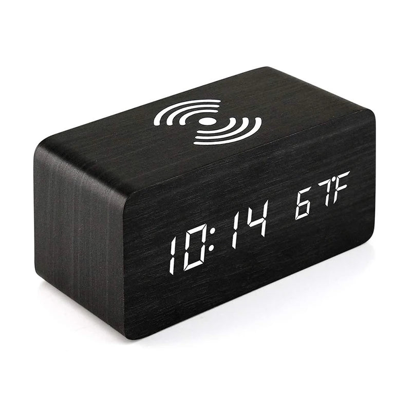 Wooden Digital Alarm Clock with Wireless Charging & Temperature Display | Multifunctional Design for Home & Office 7