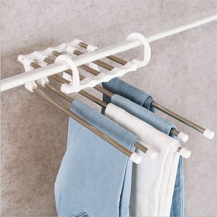 Space Saving Clothes Hangers 5 in 1, Skirt Hangers with Non Slip Bars, Steel Wardrobe Organiser for Trousers and Ties_01