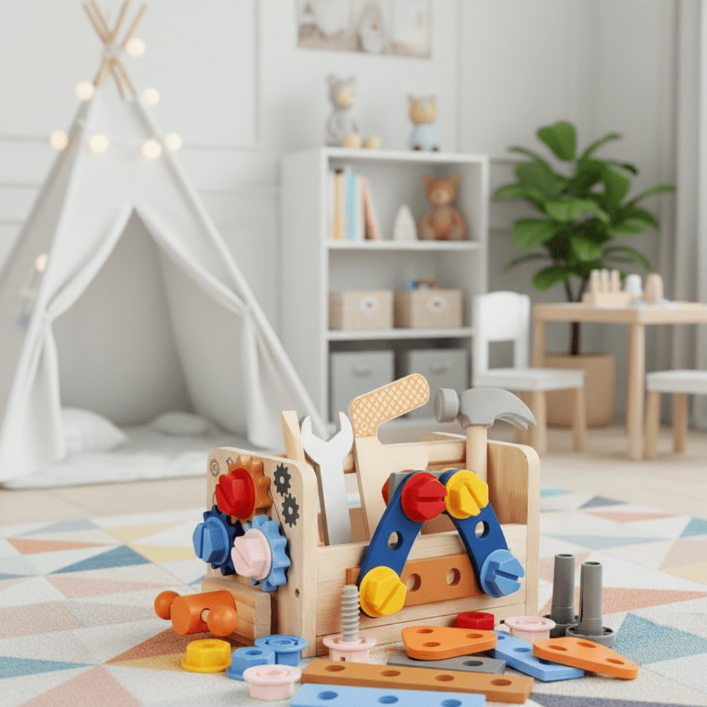Kids Wooden Tool Kit, Montessori Toys with Toy Tools, Wooden Toys for Role Play, Builder Toys for Creative Play_00