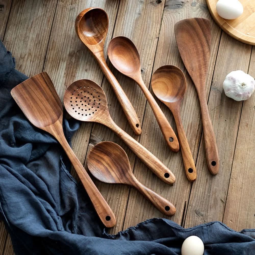 Wooden Kitchen Utensils, Teak Wood Kitchen Utensil Set 10 Piece, Wooden Cooking Tool Set for Non Stick Pans_09