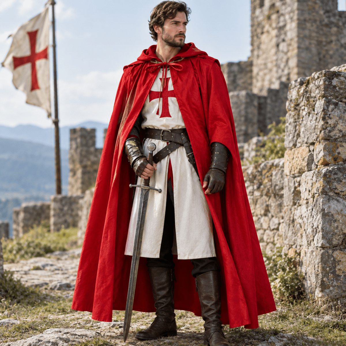 Fancy Dress Costume, Medieval Knight Costume with Hooded Cloak, Templar Cosplay Costume, Medieval Clothing for Adults