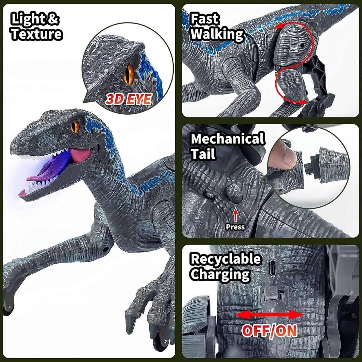 Remote Control Dinosaur Toy with Light and Sound, Velociraptor Dino Toys, Rechargeable Dinosaur Gifts for Kids_03