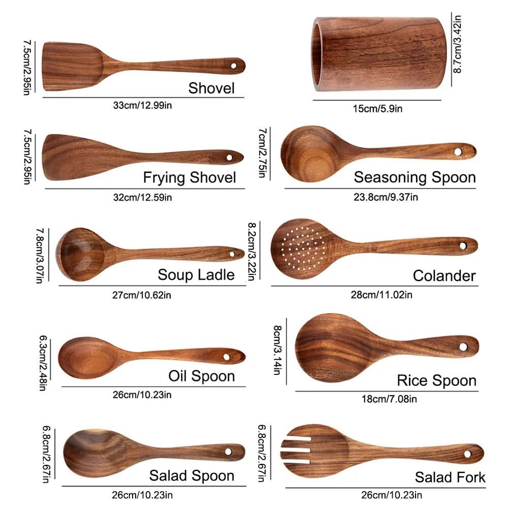 Wooden Kitchen Utensils, Teak Wood Kitchen Utensil Set 10 Piece, Wooden Cooking Tool Set for Non Stick Pans_10