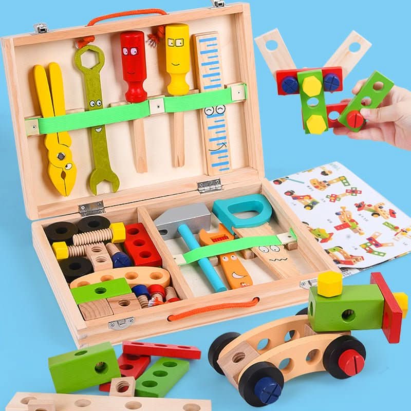 Wooden Construction Set with Case, Montessori Toys for 3 Year Olds, Educational Toys, Wooden Building Blocks 35 Pieces