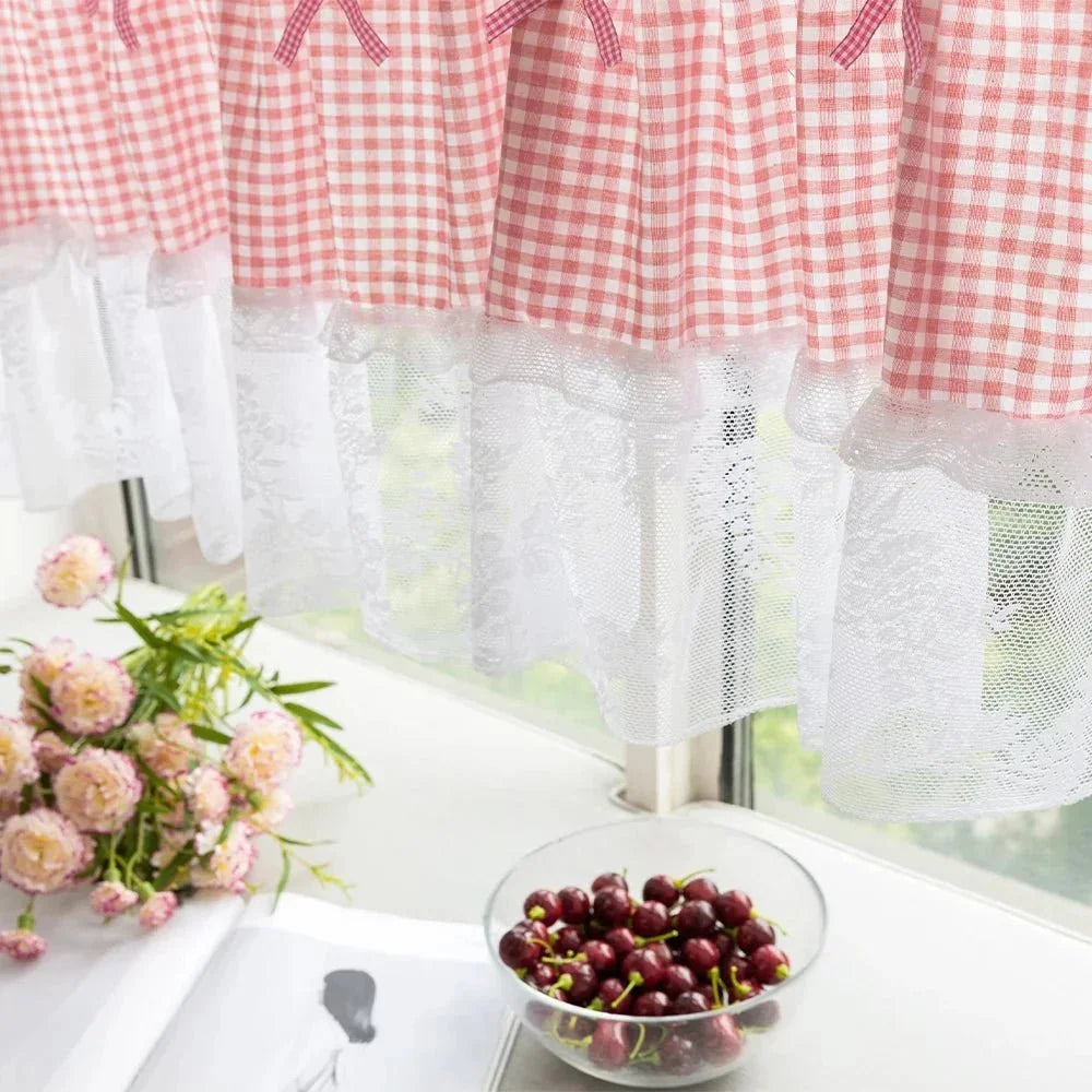 Net Curtains in Checked Lace, Cafe Curtains Set of 2 for Kitchen and Bathroom, Short Curtains for Half Window