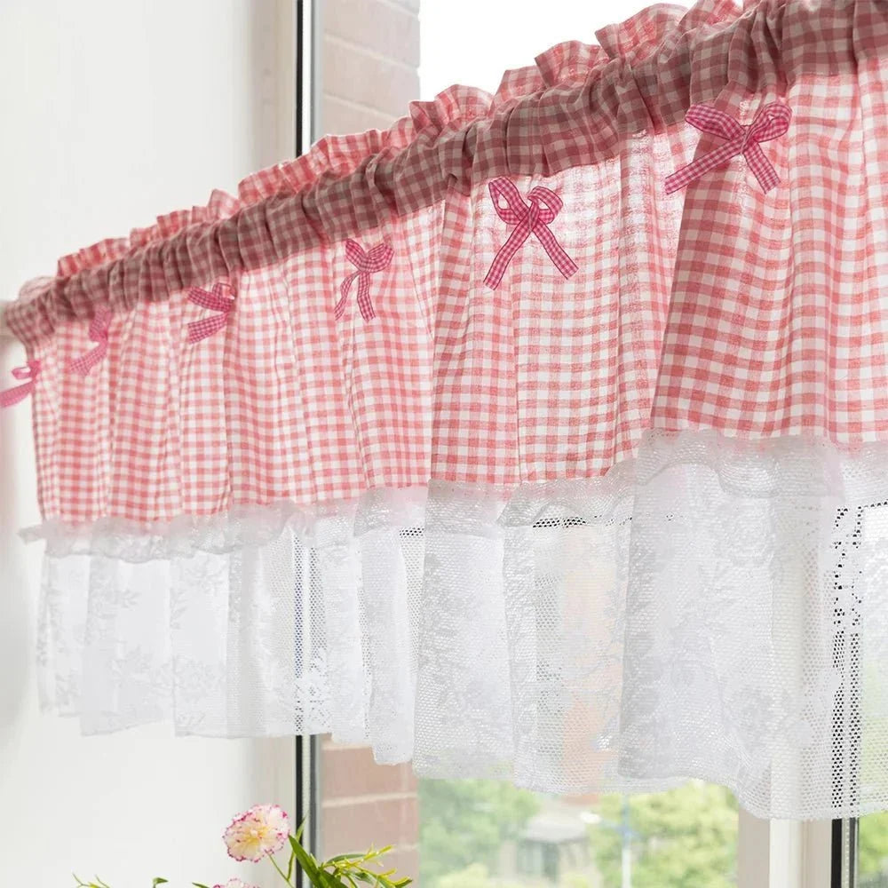 Net Curtains in Checked Lace, Cafe Curtains Set of 2 for Kitchen and Bathroom