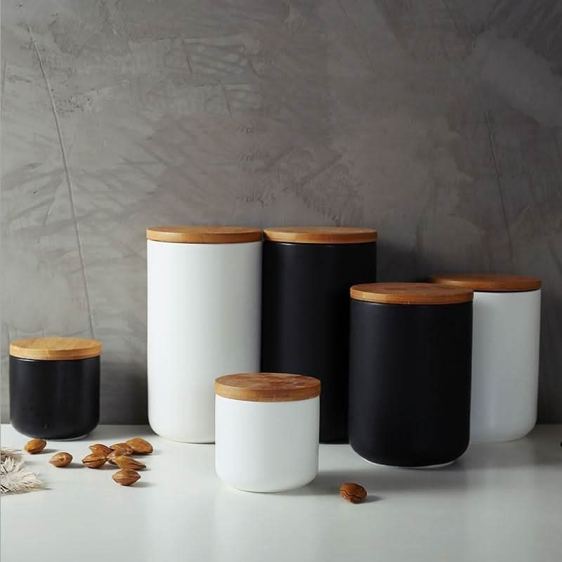 Ceramic Storage Jars with Bamboo Lid, Airtight Food Storage Containers 260 to 1000 ml, Kitchen Storage Jars for Pantry_00