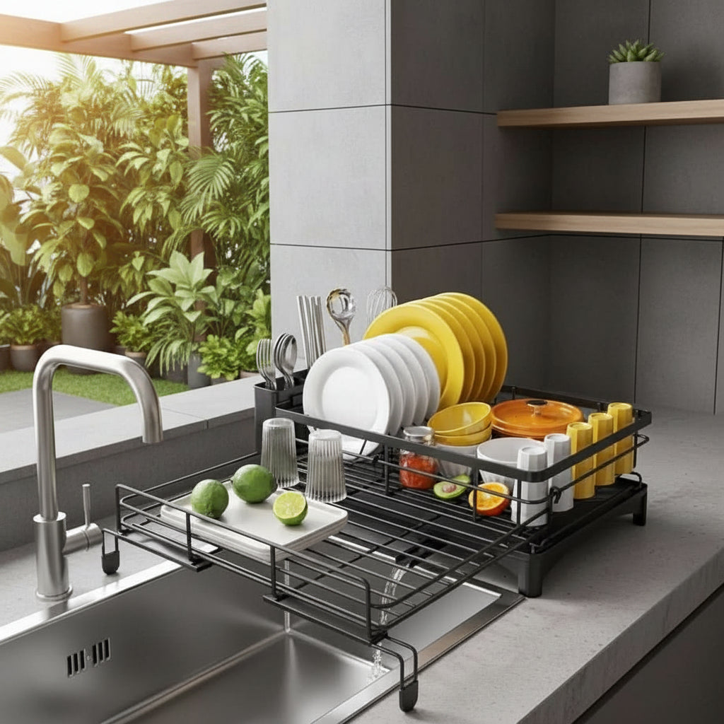Dish Drainer with Drip Tray, Dish Drying Rack for Plates and Cutlery, Sink Drainer for Kitchen Countertop_02