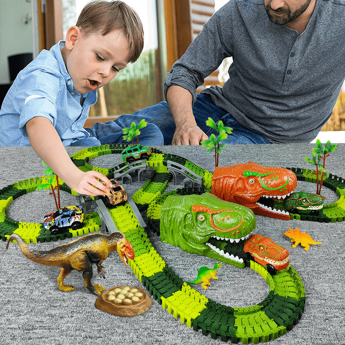 Dino Train Set with Toy Train Track, Dinosaur Toys for 3 Year Olds, Toy Car Track and Off Road Cars, Role Play Toys