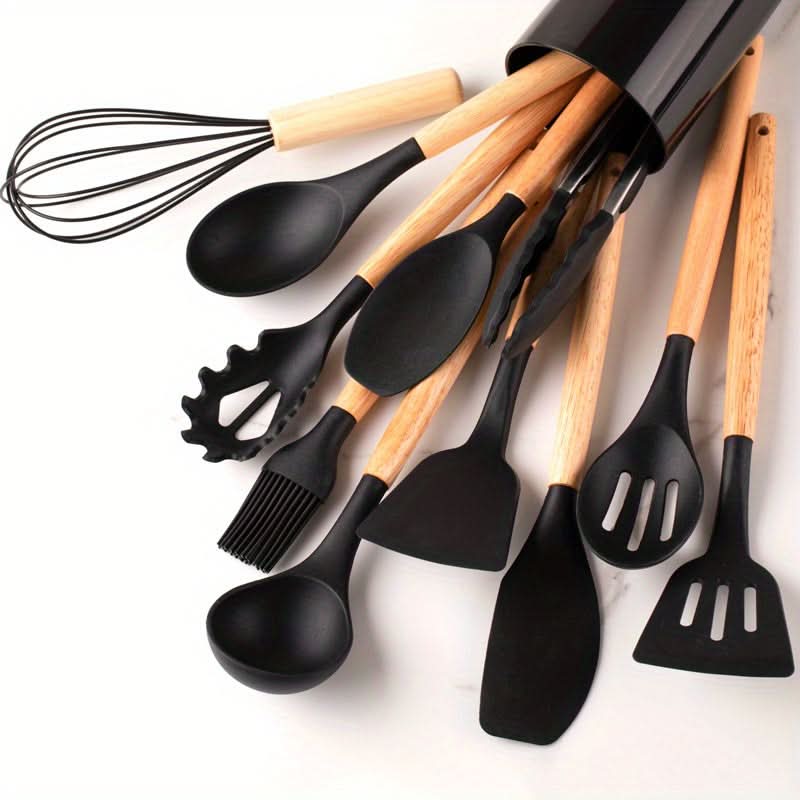 Silicone Kitchen Utensil Set, 12 Piece Kitchen Utensils with Wooden Handles, Cooking Utensils for Non Stick Pans_06