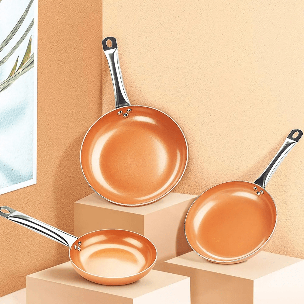 Non Stick Frying Pans, Copper Pan for Induction Hob and Gas, Dishwasher Safe Non Stick Pan Set in 3 Sizes