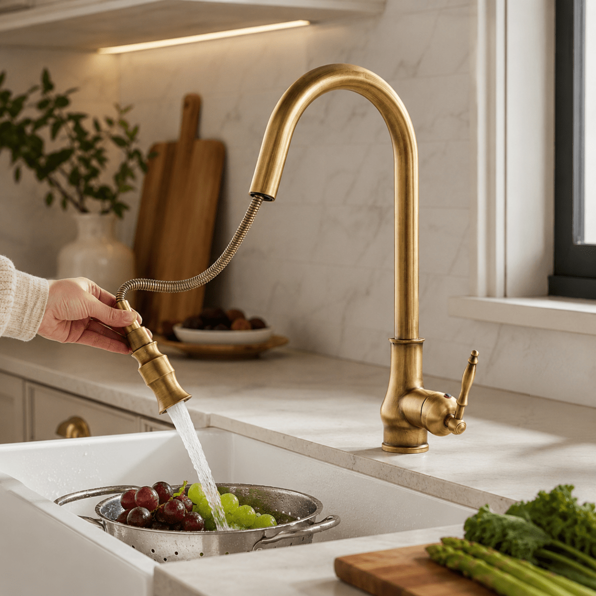 Pull Out Kitchen Tap, Antique Bronze Kitchen Sink Tap with Flexible Spray Head, Solid Brass Kitchen Tap