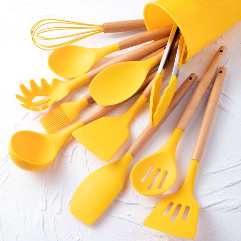 Silicone Kitchen Utensil Set, 12 Piece Kitchen Utensils with Wooden Handles, Cooking Utensils for Non Stick Pans_12