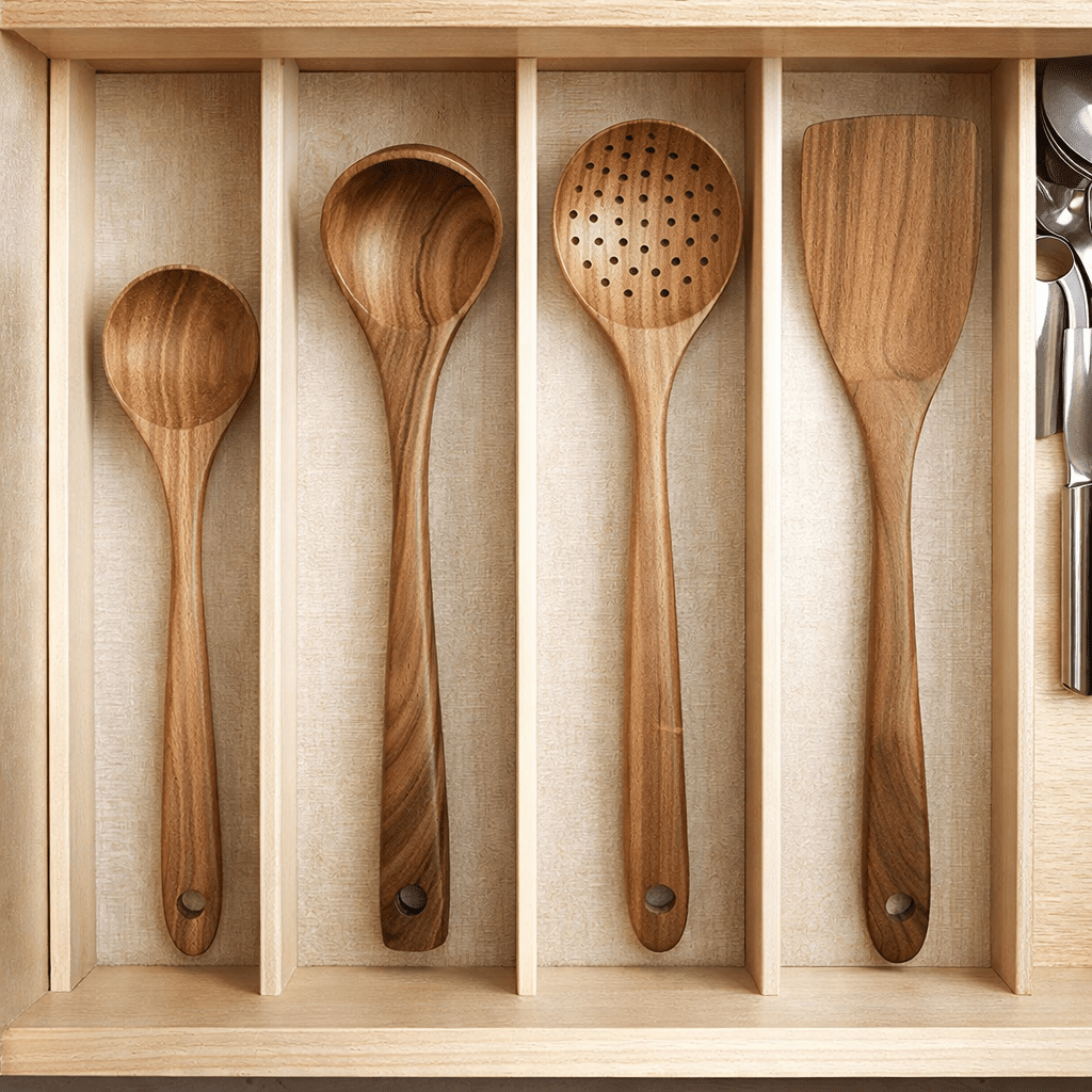 Wooden Kitchen Utensil Set, Wooden Spoons with Spatula, Slotted Spoon, Ladle and Serving Spoon, Wooden Cooking Utensils