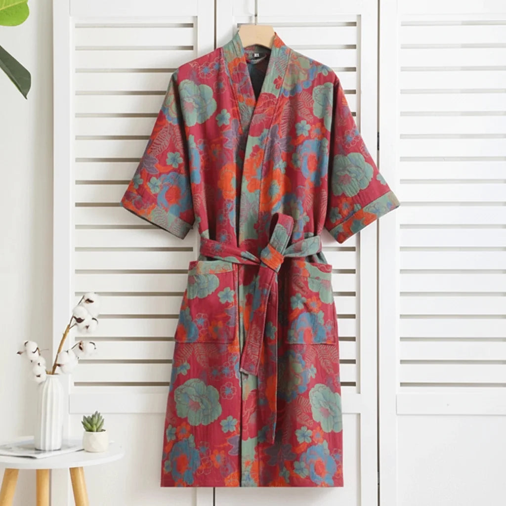 Kimono Bathrobe, Gauze Cotton Dressing Gown with Waist Tie, Reversible Kimono Robe for Loungewear, Cotton House Coat_06