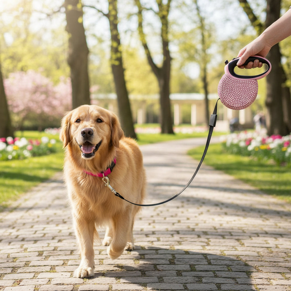Retractable Dog Lead 3 m with Rhinestones, Extendable Dog Lead for Small Dogs, Cat Lead in Blue or Pink