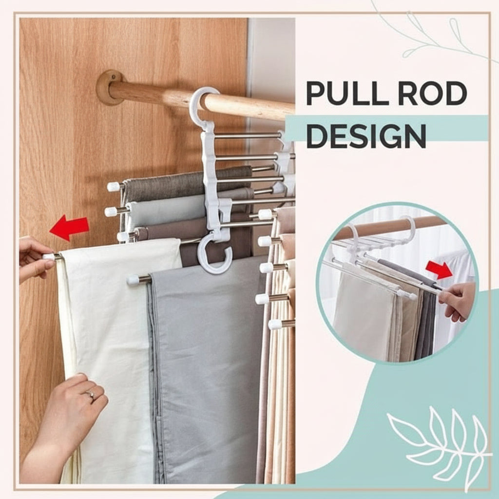 Space Saving Clothes Hangers 5 in 1, Skirt Hangers with Non Slip Bars, Steel Wardrobe Organiser for Trousers and Ties_11
