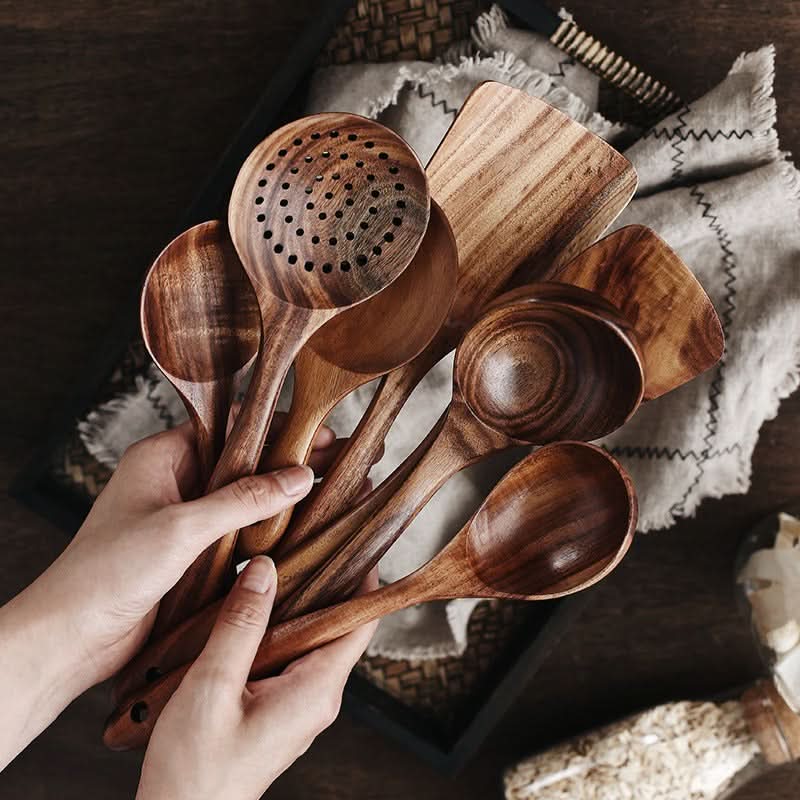 Teak Wooden Kitchen Utensil Set, Wooden Spatulas, Ladle and Serving Spoon, Teak Cooking Utensils for Stirring and Frying