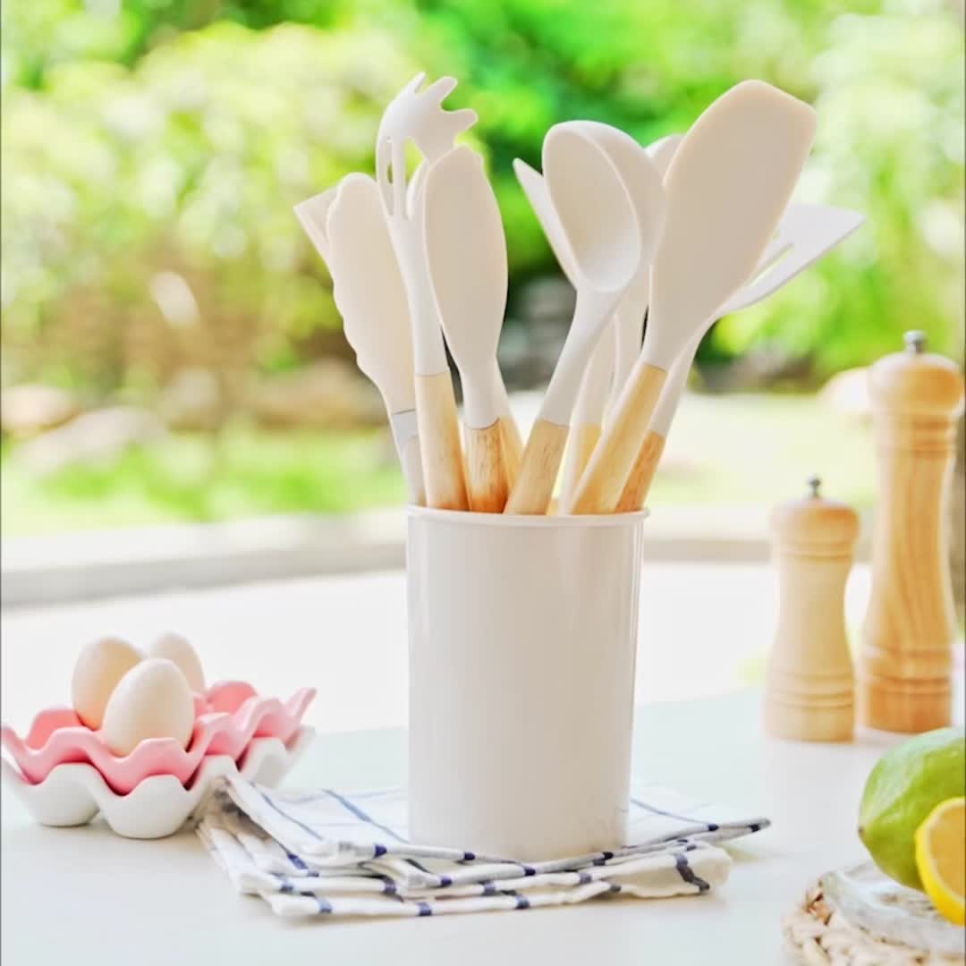 Silicone Kitchen Utensil Set, 12 Piece Kitchen Utensils with Wooden Handles, Cooking Utensils for Non Stick Pans_03