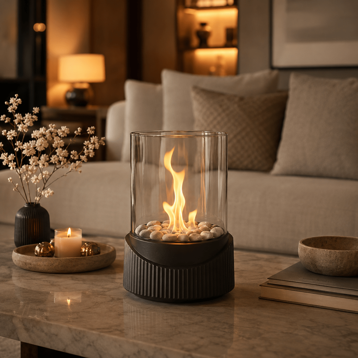 Bioethanol Fireplace, Tabletop Fire Pit with Real Flame and Glass, Decorative Fireplace for Living Room and Balcony