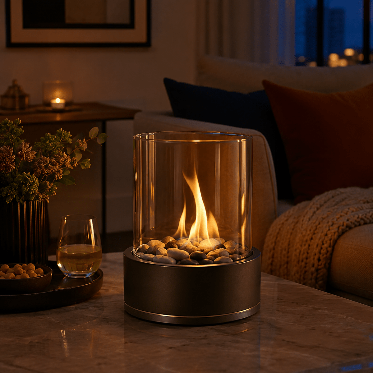 Bioethanol Fireplace, Tabletop Fire Pit with Real Flame and Glass, Decorative Fireplace for Living Room and Balcony_02