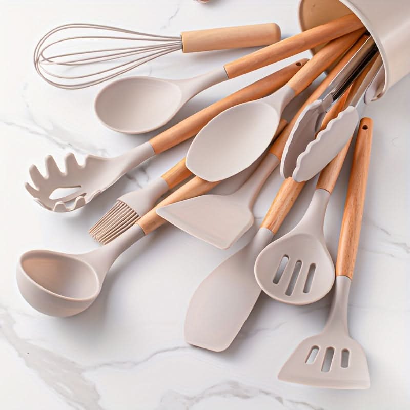 Silicone Kitchen Utensil Set, 12 Piece Kitchen Utensils with Wooden Handles, Cooking Utensils for Non Stick Pans