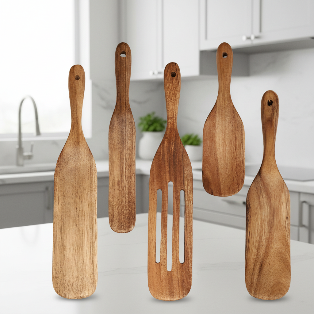 Teak Wooden Kitchen Utensil Set, 4 or 5 Piece Wooden Cooking Utensils, Wooden Spoons and Spatula for Non Stick Pans_03