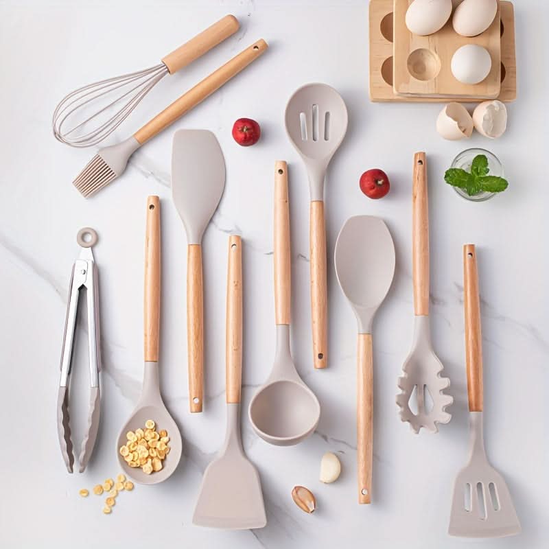 Silicone Kitchen Utensil Set, 12 Piece Kitchen Utensils with Wooden Handles, Cooking Utensils for Non Stick Pans_02
