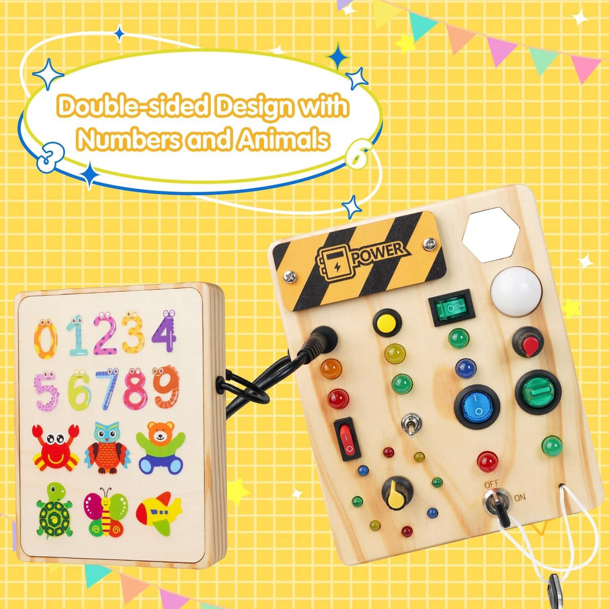 Montessori Busy Board with LED Lights and Switches, Wooden Sensory Toys for 1 Year Old, Montessori Toys for 2 Year Olds