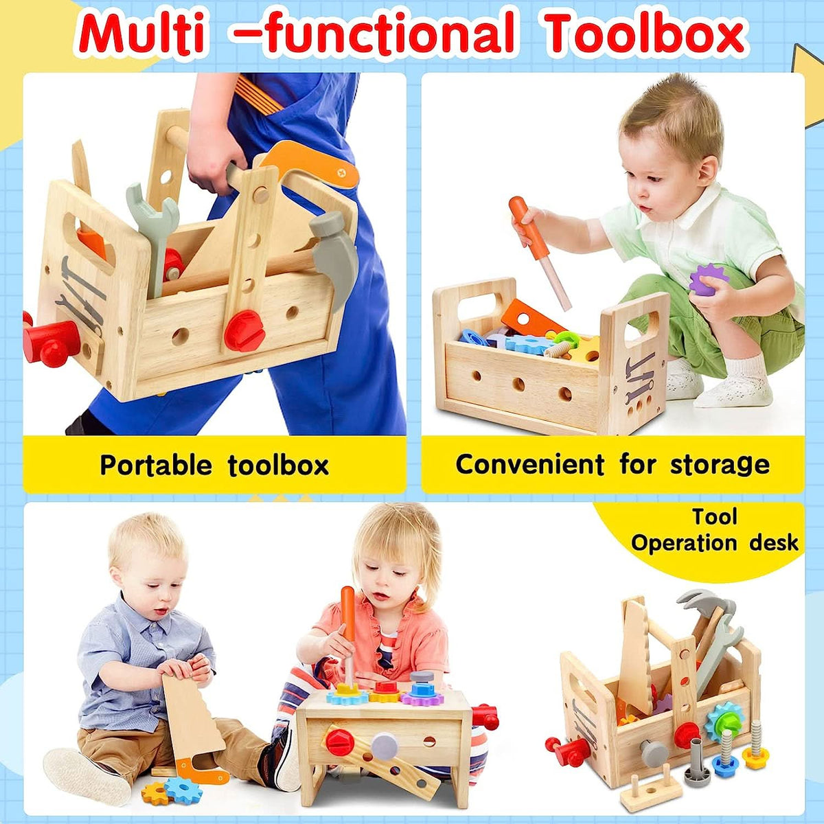 Wooden Workbench, Wooden Tool Box with Tools and 29 Piece Tool Set, Wooden Toys for Hammering, Construction Toys_02