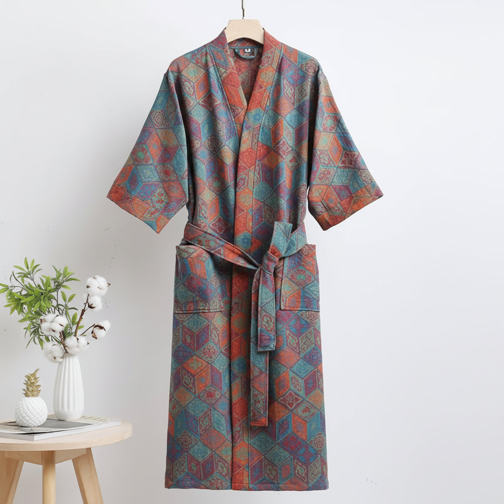 Kimono Bathrobe, Gauze Cotton Dressing Gown with Waist Tie, Reversible Kimono Robe for Loungewear, Cotton House Coat_08