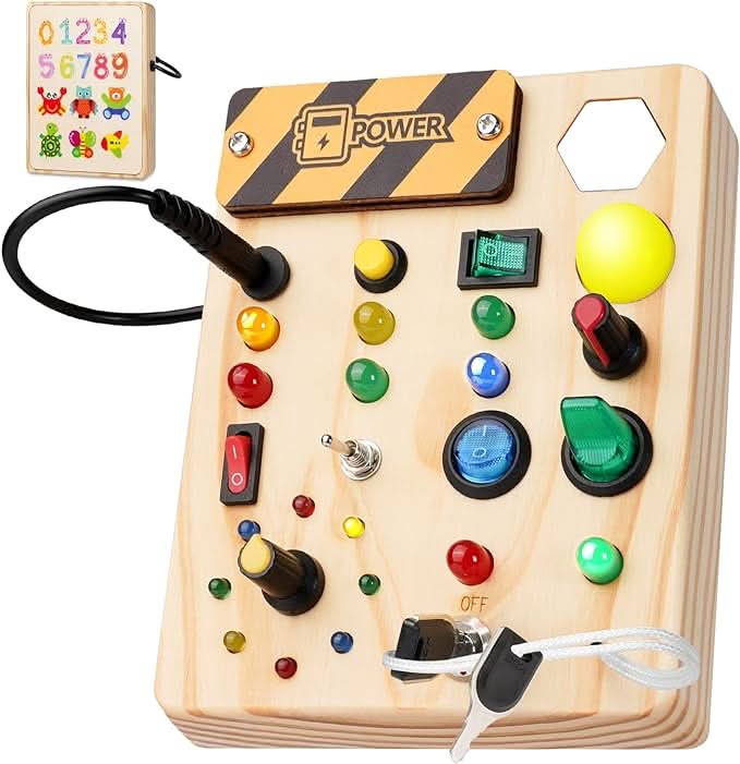 Montessori Busy Board with LED Lights and Switches, Wooden Sensory Toys for 1 Year Old, Montessori Toys for 2 Year Olds_04