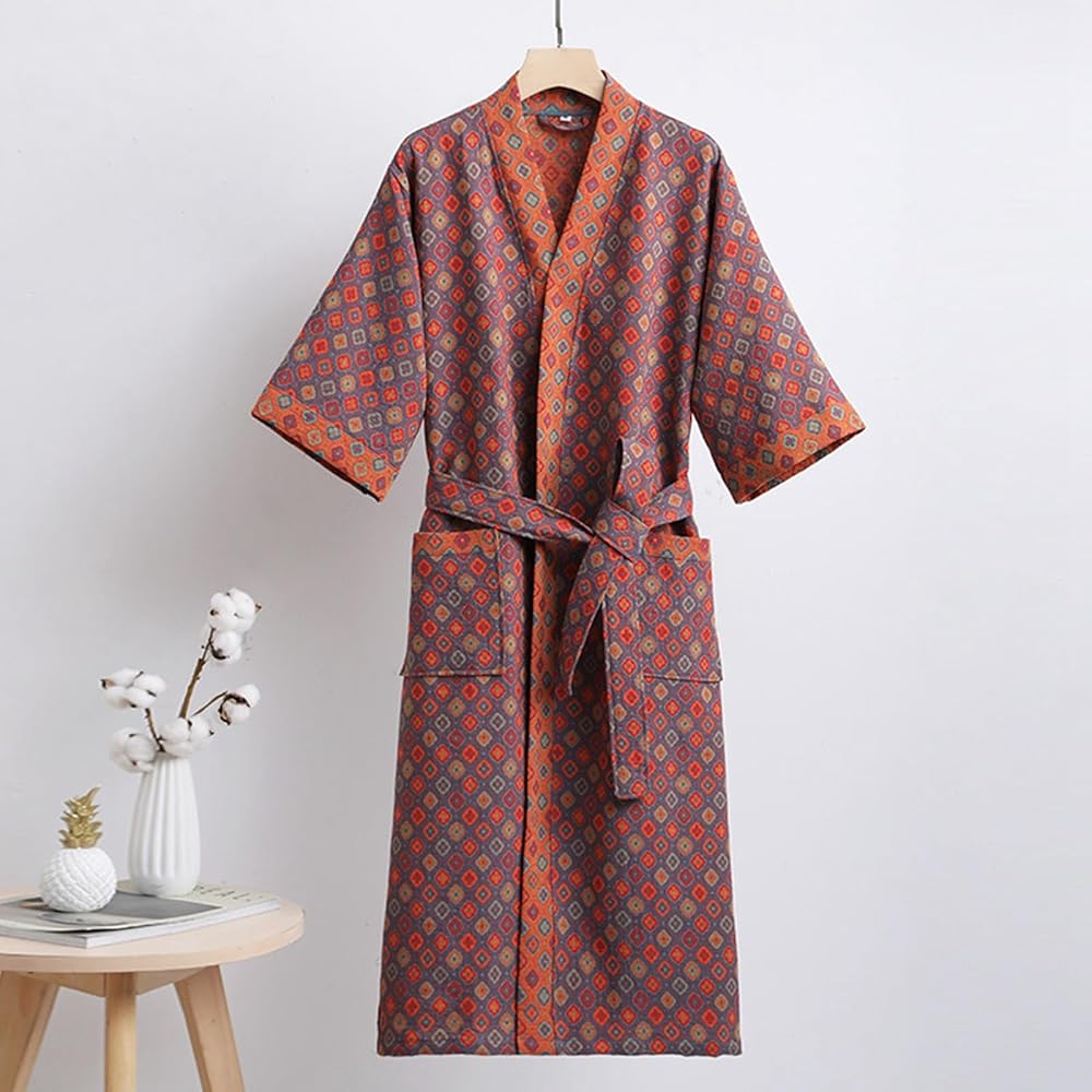 Kimono Bathrobe, Gauze Cotton Dressing Gown with Waist Tie, Reversible Kimono Robe for Loungewear, Cotton House Coat_09