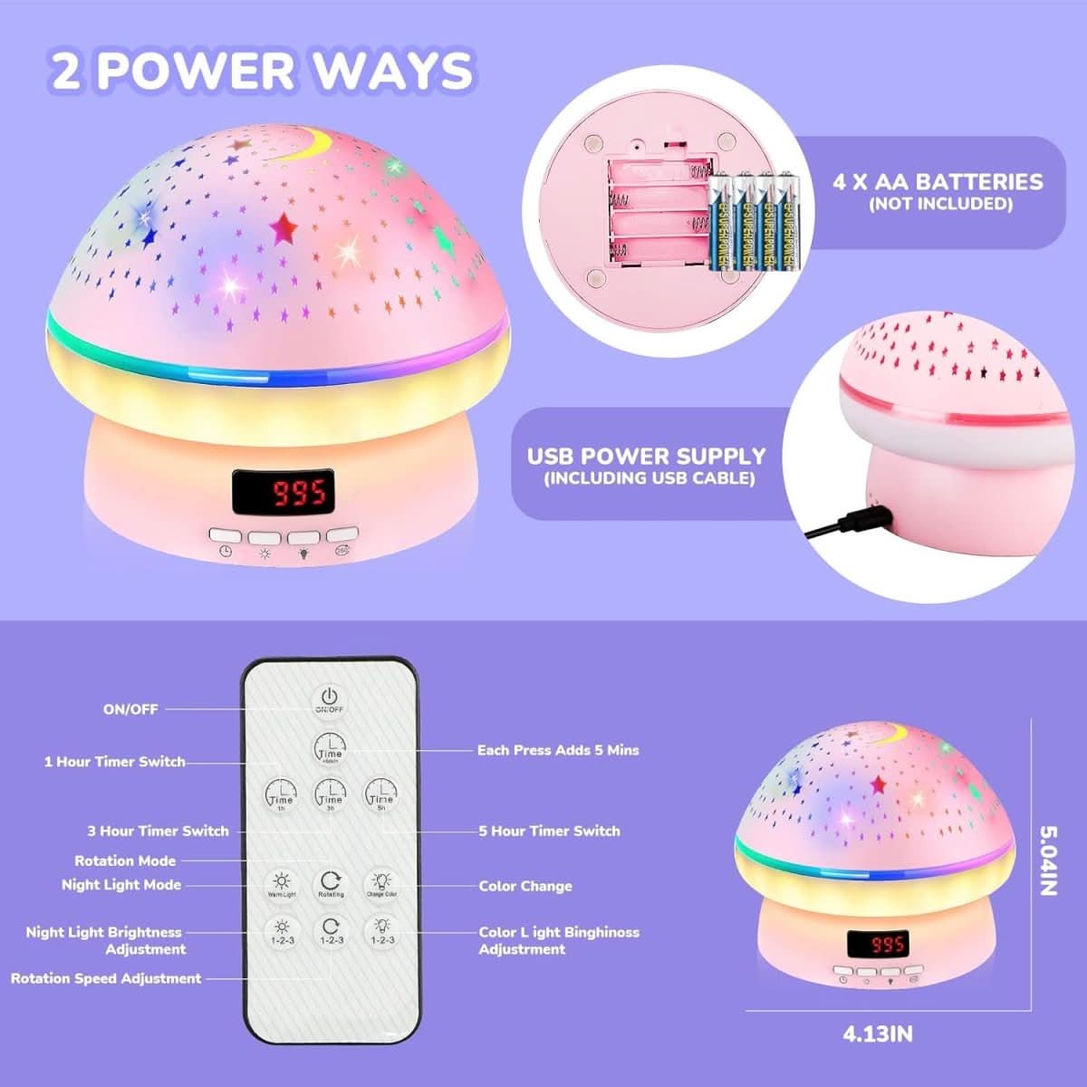 Star Projector Night Light, Mushroom Lamp with 16 Colours and Remote Timer – image 9