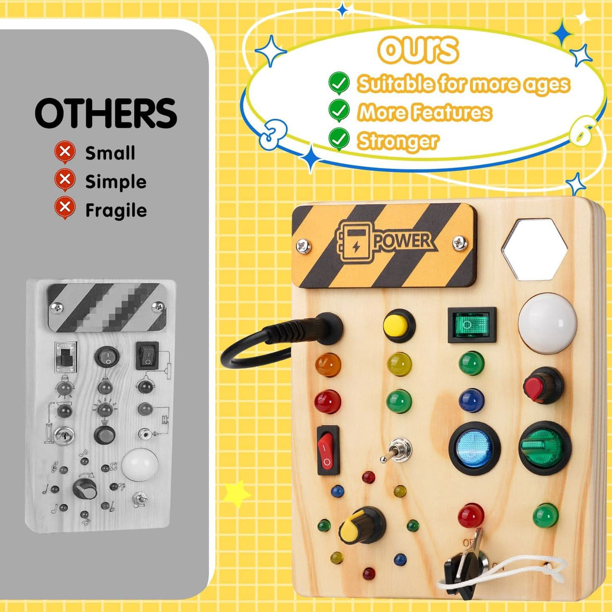 Montessori Busy Board with LED Lights and Switches, Wooden Sensory Toys for 1 Year Old, Montessori Toys for 2 Year Olds_02