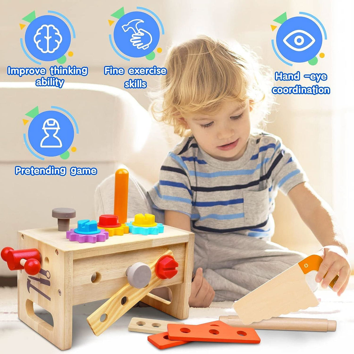 Wooden Workbench, Wooden Tool Box with Tools and 29 Piece Tool Set, Wooden Toys for Hammering, Construction Toys_03