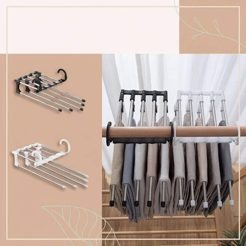 Space Saving Clothes Hangers 5 in 1, Skirt Hangers with Non Slip Bars, Steel Wardrobe Organiser for Trousers and Ties_02