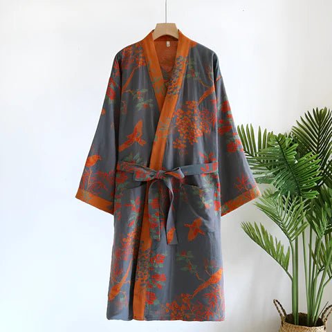 Cotton Dressing Gown, Lightweight Summer Dressing Gown in Retro Jacquard, Bath Robe with Pockets and Waist Belt_00