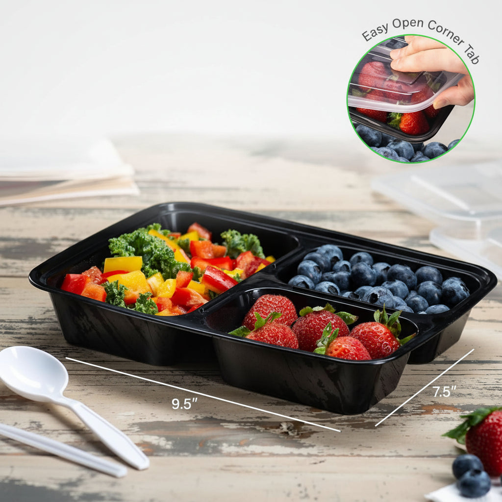 Bento Lunch Boxes, 3 Compartment Meal Prep Containers, 10 Pack Bento Box 900 ml, Food Storage Containers, Tupperware_03
