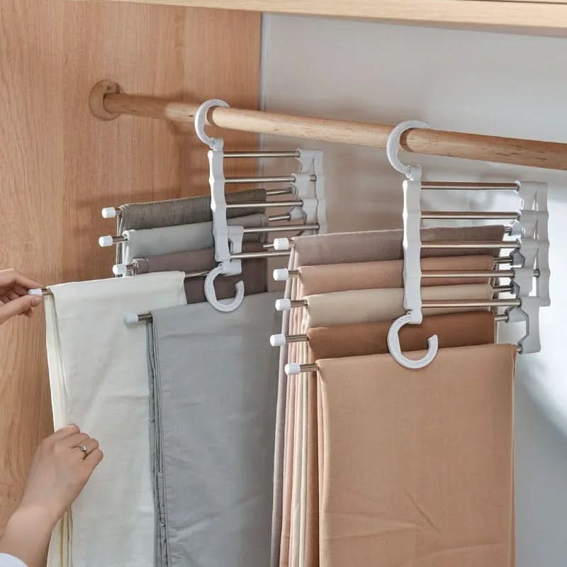 Space Saving Clothes Hangers 5 in 1, Skirt Hangers with Non Slip Bars, Steel Wardrobe Organiser for Trousers and Ties_00