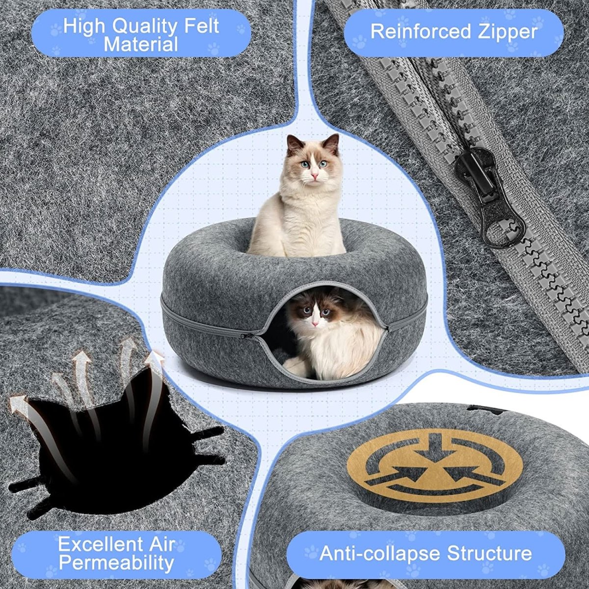 Cat Tunnel Bed with Plush Sleeping Area, Cat Beds for Indoor Cats, Cat Cave Bed with Non Slip Base_06