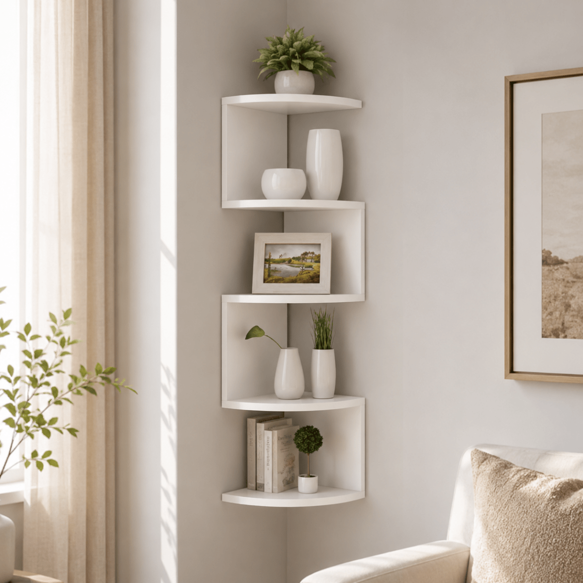 Corner Shelf, Wall Mounted Corner Shelf Unit in MDF, Wall Shelves for Books and Plants in Living Room or Bedroom