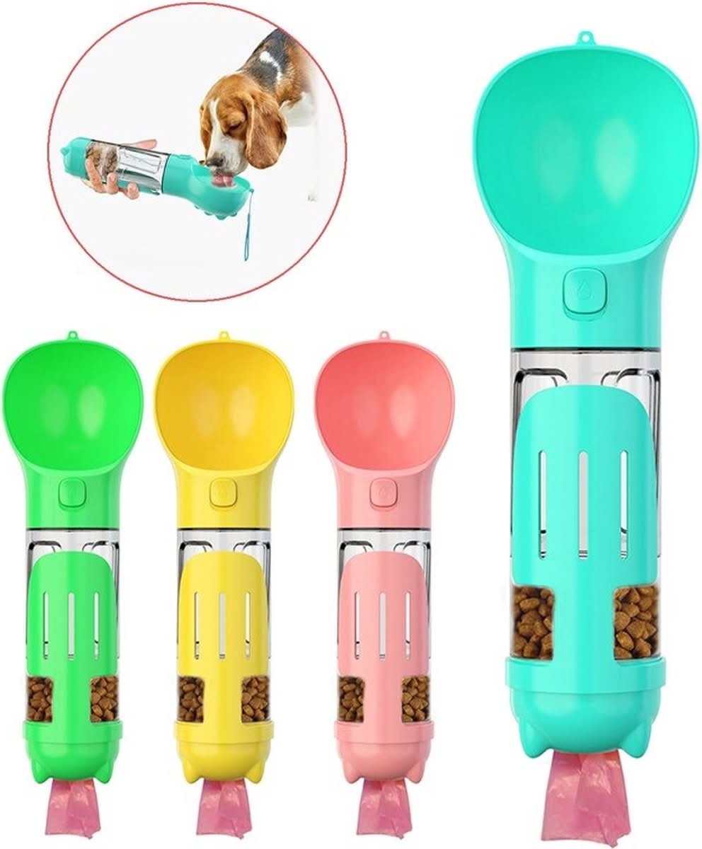 Dog Food and Water Bottle, 2 in 1 Portable Dog Water Bottle with Poo Bag Holder, Dog Walking Accessories
