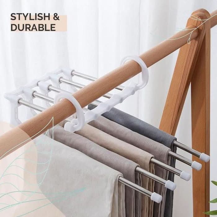 Space Saving Clothes Hangers 5 in 1, Skirt Hangers with Non Slip Bars, Steel Wardrobe Organiser for Trousers and Ties_12