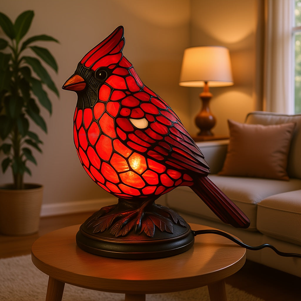 Art Glass Table Lamp | USB Powered Red Cardinal Design for Cozy Lighting