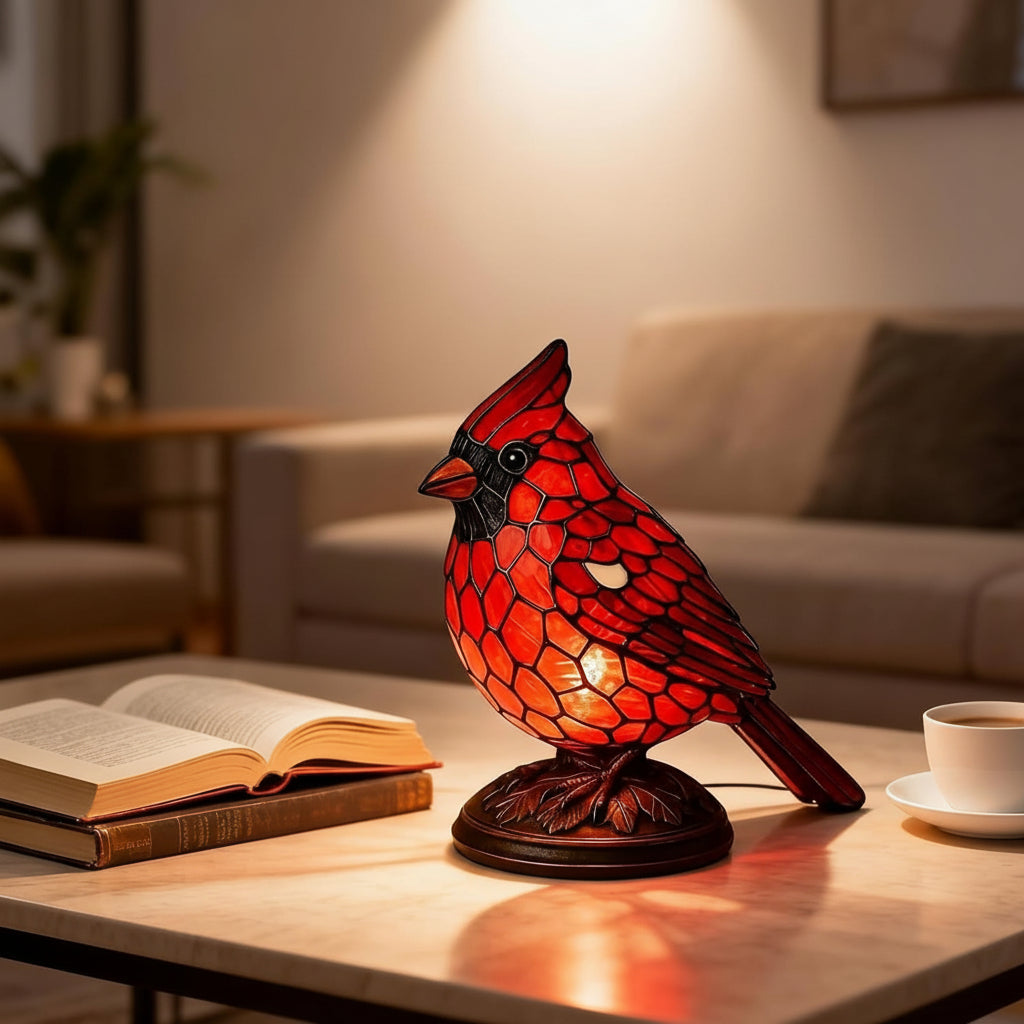Art Glass Table Lamp | USB Powered Red Cardinal Design for Cozy Lighting 2